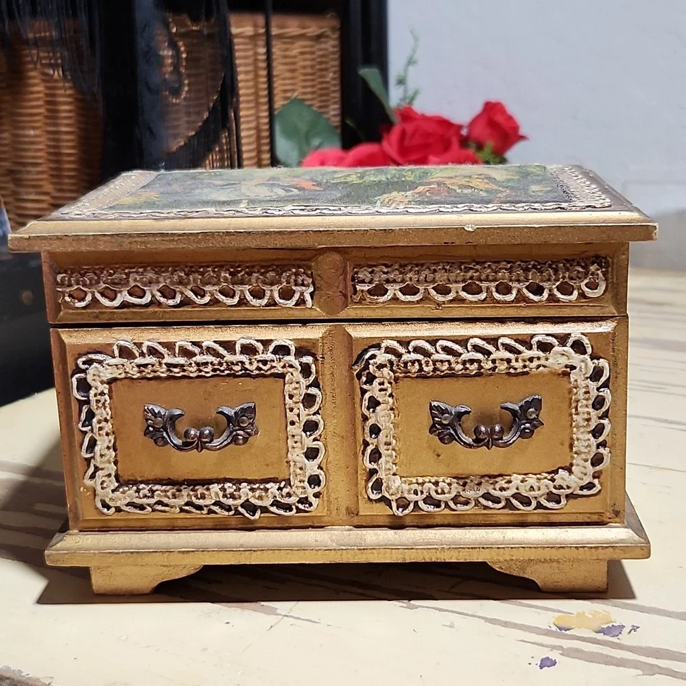 VINTAGE Wood Wind Up Music Jewelry Box Silky Print Antoine Watteau Foote…